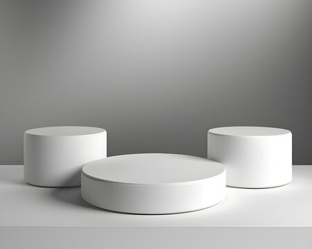3D white cylinder pedestal podium set with pink minimal wall scene for cosmetic product display presentation. Vector geometric rendering platform