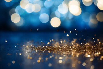 Golden and blue Christmas and New Year holidays background with bokeh, winter season post card. Copy space