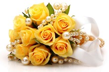 Yellow Roses Bouquet And Pearls,in White Background.