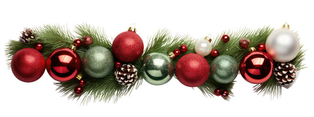 christmas fir branch decoration, red and green balls isolated on transparent background
