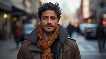 Canvas Print - A young Latino man braving the cold in his stylish outdoor attire.