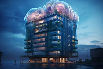 Sticker - Floats on water, jellyfish-inspired multi-storey building with tape windows, glossy waterproof coating, and fine details. Generative AI