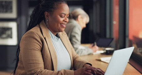 Poster - Business woman, computer and happy at workspace for online research, marketing and social media report. African employee with copywriting feedback, internet and typing on laptop by office window