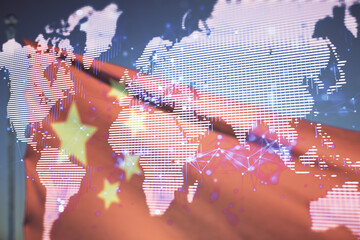 Poster - Multi exposure of abstract graphic world map on Chinese flag and sunset sky background, big data and networking concept