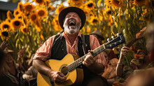A Country Singer With A Guitar Plays In A Field