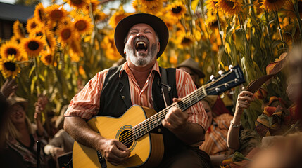 A country singer with a guitar plays in a field