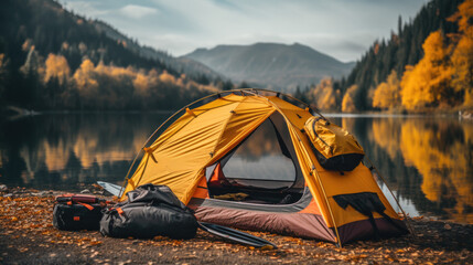 Wall Mural - A modern tent in front of a lake in autumn