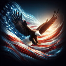 Wavy American Flag With An Eagle Symbolizing Strength And Freedom . 4th Of July Memorial Or Independence Day Background