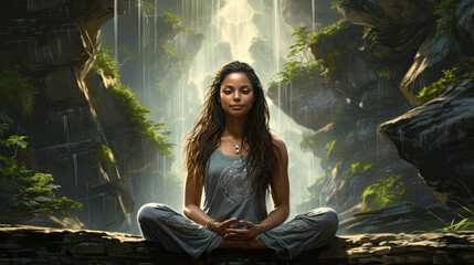 Poster - Illustration of a meditating woman in the jungle