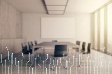 Aufkleber - Double exposure of abstract virtual circuit hologram on a modern meeting room background. Research and development hardware concept