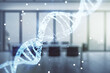 © Pixels Hunter - DNA hologram on a modern boardroom background, biotechnology and genetic concept. Multiexposure