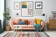 Cozy living room with wooden floors, colorful sofa and art print. Generative AI