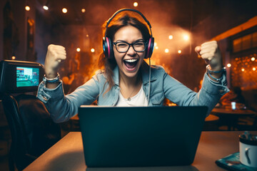 Cheerful female gamer winning an online game on a laptop