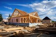 Construction of a new house with wooden roof trusses and beams, Construction of a new house. Construction of a new house with a wooden frame, AI Generated