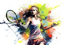 Tennis Player With Racket And Ball On Colorful Splashes Background, Creative Illustration Of A Young Athletic Female Tennis Player Playing With Her Tennis Racket, AI Generated
