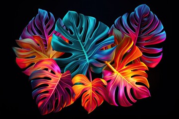Poster - Tropical monstera leaves on black background. 3d illustration, Creative fluorescent color layout made of tropical leaves, AI Generated