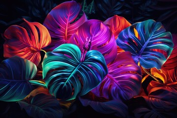 Canvas Print - Monstera Deliciosa leaves in neon light. Colorful tropical background, Creative fluorescent color layout made of tropical leaves, AI Generated