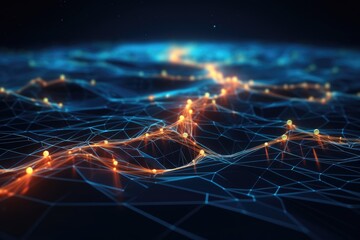 Fototapete - 3d rendering of abstract technology digital background. Network connection structure, Cyber big data flow. Blockchain data fields. Network line connect stream, AI Generated