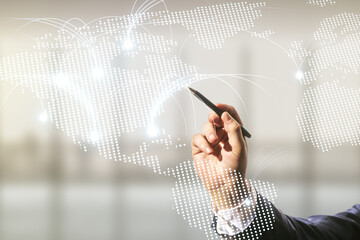 Poster - Double exposure of man hand with pen working with abstract digital world map hologram with connections on blurred office background, research and strategy concept