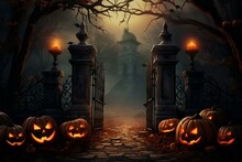 Eerie Pumpkins By Haunted Church Gate. Creepy Halloween Scene. Generative AI