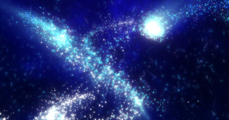 Poster - Abstract festive bright background from blue fireworks lines and rays of salutes and fiery sparks