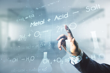 Poster - Double exposure of male hand presses on abstract virtual chemistry hologram on blurred office background, research and development concept