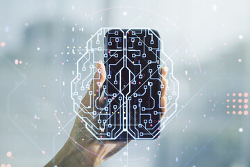 Aufkleber - Creative artificial Intelligence concept with human brain sketch and hand with mobile phone on background. Double exposure
