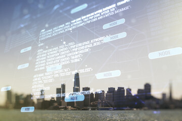 Poster - double exposure of abstract programming language interface on san francisco city skyscrapers backgro