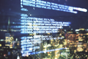 Poster - Multi exposure of abstract programming language hologram on blurry office buildings background, artificial intelligence and machine learning concept