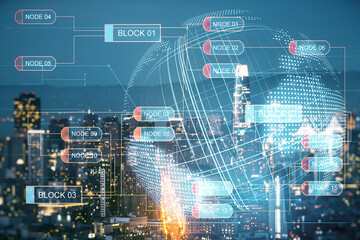 Aufkleber - Abstract virtual coding concept and world map hologram on San Francisco skyline background. Multiexposure
