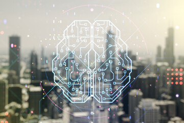 Poster - Virtual creative artificial Intelligence hologram with human brain sketch on blurry skyline background. Multiexposure