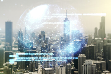 Fototapete - Abstract virtual coding illustration and world map on Chicago cityscape background, international software development concept. Multiexposure