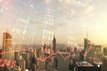 Poster - Double exposure of abstract virtual statistics data hologram on New York city skyscrapers background, statistics and analytics concept