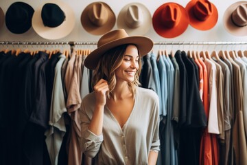 Beautiful young woman in hat looking at the clothing in the store. Young girl stands in a room with a large wardrobe. Shopping concept.