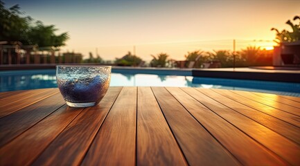 empty wooden table object with blurred swimming pool