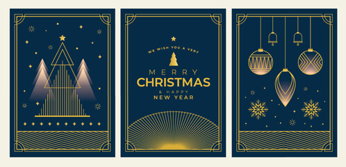 Poster - Merry Christmas and Happy New Year illustration of gold luxury christmas pine tree frame with geometric art deco style element for elegant holiday celebration.