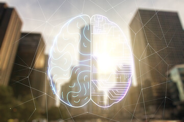 Poster - Virtual creative artificial Intelligence hologram with human brain sketch on office buildings background. Multiexposure