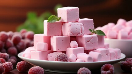 Pink sweet delicious berry dessert marshmallow with cherry and raspberry