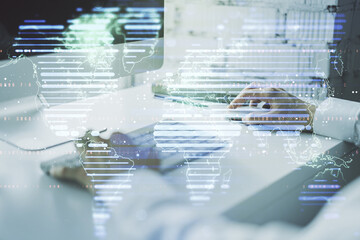 Poster - Multi exposure of abstract creative digital world map and hands typing on computer keyboard on background, tourism and traveling concept