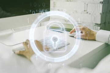 Poster - Creative idea concept with lock symbol and microcircuit illustration and hands typing on laptop on background. Protection and firewall concept. Multiexposure