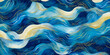 Magical fairytale ocean waves art painting. Unique blue and gold wavy swirls of magic water. Fairytale navy and yellow sea waves. Children’s book waves cartoon illustration for kids nursery 