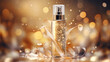 Luxury perfume, cosmetic premium glass bottle. Banner, poster for beauty promotion of elegant product for ads surrounded by golden sparkle glittering light and bokeh background. Generative AI