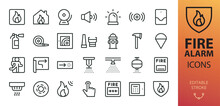 Fire Alarm Systems Isolated Icons Set. Set Of Heat Detector, Smoke Sensor, Sprinkler, Powder Extinguishing Module, Fire Alarm Control Panel, Firehose, Fire Extinguisher, Emergency Exit Vector Icon