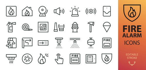 Poster - Fire alarm systems isolated icons set. Set of heat detector, smoke sensor, sprinkler, powder extinguishing module, fire alarm control panel, firehose, fire extinguisher, emergency exit vector icon