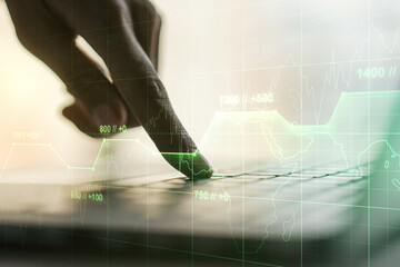 Poster - Multi exposure of stats data illustration with hands typing on computer keyboard on background, computing and analytics concept