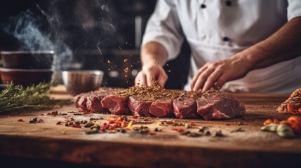 The chef adds seasonings with dried herbs and sprinkles them into the meat. Placed on a wooden board in a restaurant kitchen.