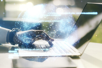 Poster - Multi exposure of abstract creative coding sketch with world map and hands typing on computer keyboard on background, artificial intelligence and neural networks concept