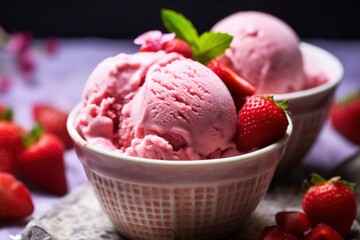 Wall Mural - Strawberry Ice Cream with Fresh Strawberries.