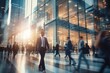 © AI Visual Vault - Motion blur photo of business people walking down a busy city street surrounded by towering skyscrapers created with Generative AI technology