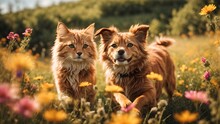 A Playful Cat And Dog Frolicking In A Field Of Wildflowers